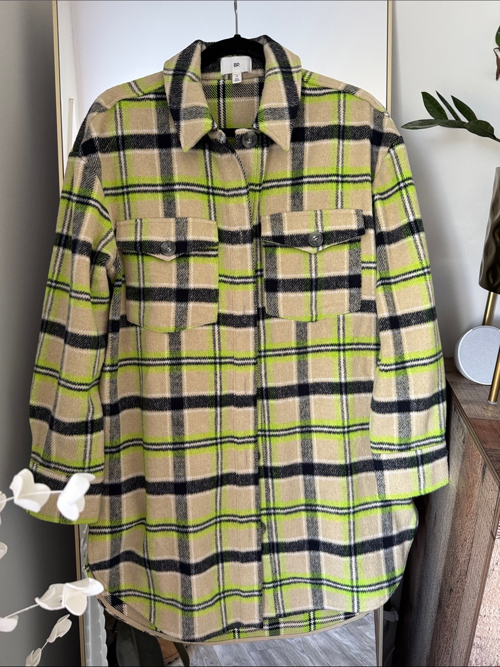BP. Women’s Plaid Shacket Jacket in Beige and Neon Green